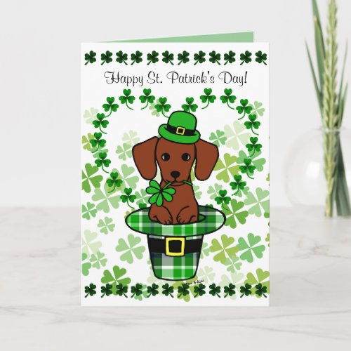 St Patrick Day Red Smooth Dachshund Hat Card