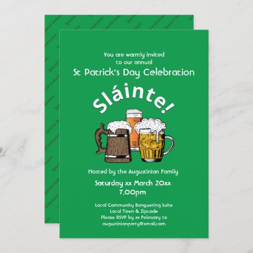 St Patrick Day Slinte Cheers  Beers Party Invitation