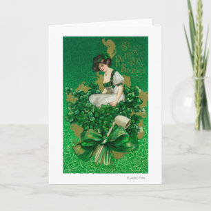 St. Patrick Day Souvenir Woman on Clover Scene Card