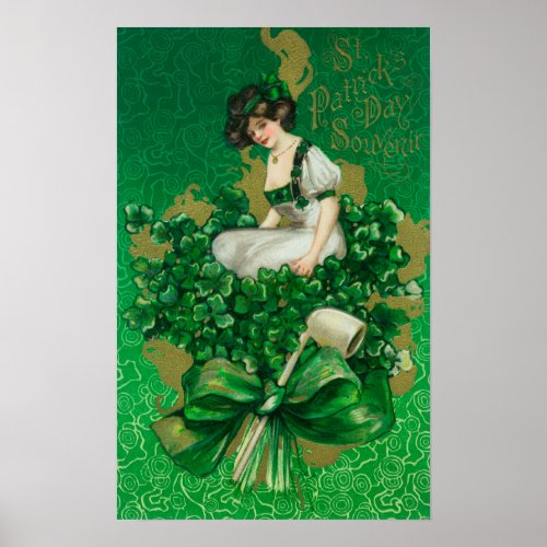 St Patrick Day Souvenir Woman on Clover Scene Poster