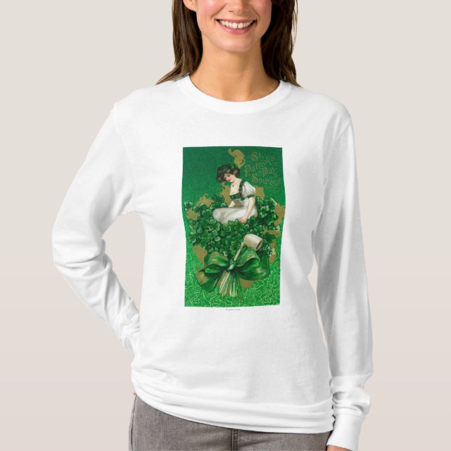 St. Patrick Day Souvenir Woman on Clover Scene T-Shirt (Front)