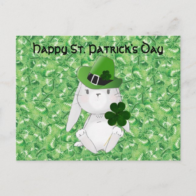 St. Patrick' Day with Irish Bunny, shamrock bg Postcard (Front)