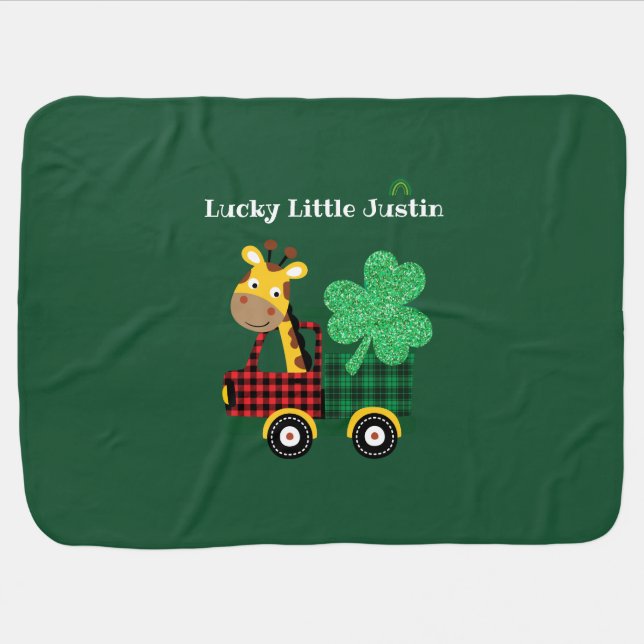 St Patrick Giraffe Green Clover Rainbow Birthday Baby Blanket (Horizontal)