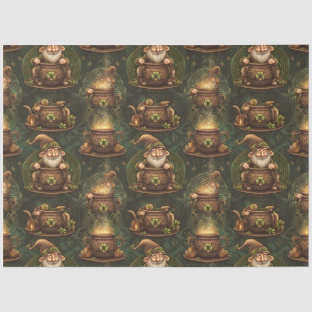 St. Patrick Gnome Magic Cauldron Dark Wood Tissue Paper (Front)