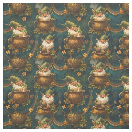 St. Patrick Gnome Pot Gold 4 Leaf Clover Pattern Fabric