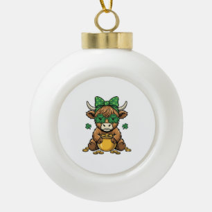 St Patrick Highland Cow Pot of Gold Vintage Art_1 Ceramic Ball Christmas Ornament