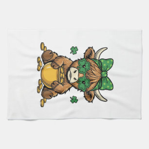 St Patrick Highland Cow Pot of Gold Vintage Art_1 Kitchen Towel