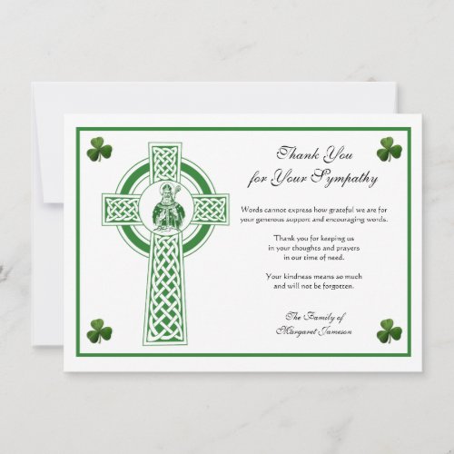 St Patrick Irish Cross Shamrocks Condolence  Thank You Card