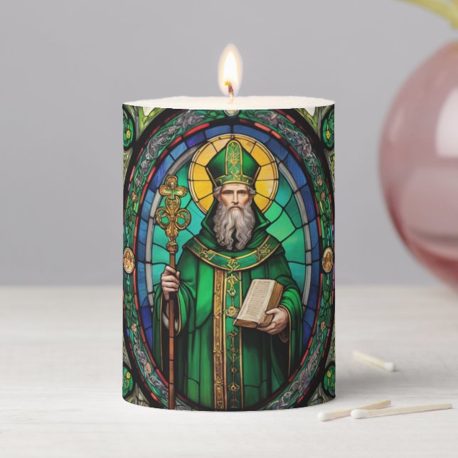 St Patrick Irish Patron Saint Stained Glass Pillar Candle (In Situ)