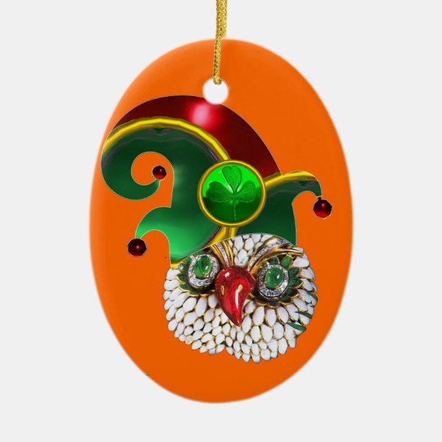 ST PATRICK JEWEL OWL AND  ELF HAT WITH SHAMROCK CERAMIC ORNAMENT (Front)