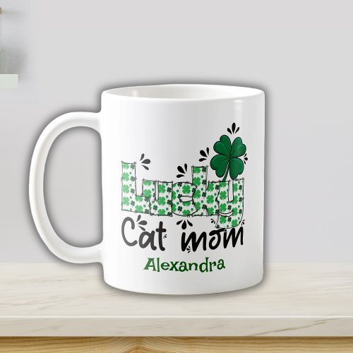 St Patrick Lucky cat mom letters with shamrock Coffee Mug