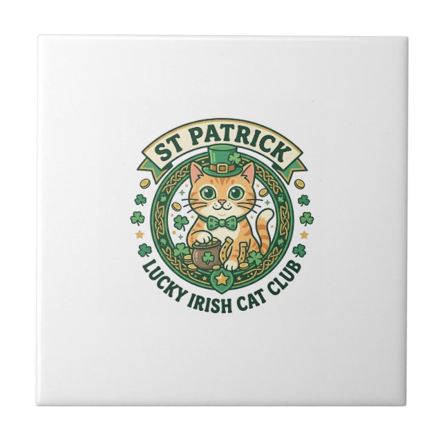 St Patrick Lucky Irish Cat Cute Cat T-Shirt Design Ceramic Tile (Front)