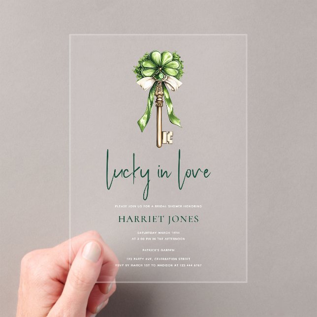 St Patrick’s Bridal Shower Gold Key & Clover Acrylic Invitations (Insitu (Handheld))