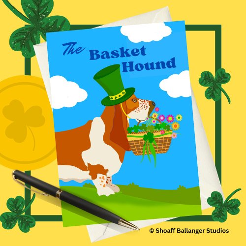 St Patricks Day Adorable Basket Basset Hound Card