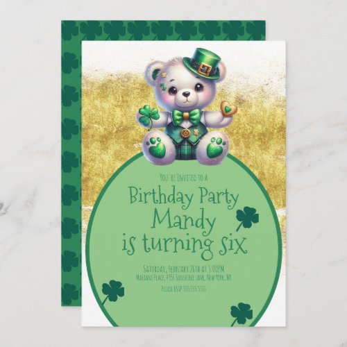 StPatricks Day Bear Birthday Gold Green Invitation