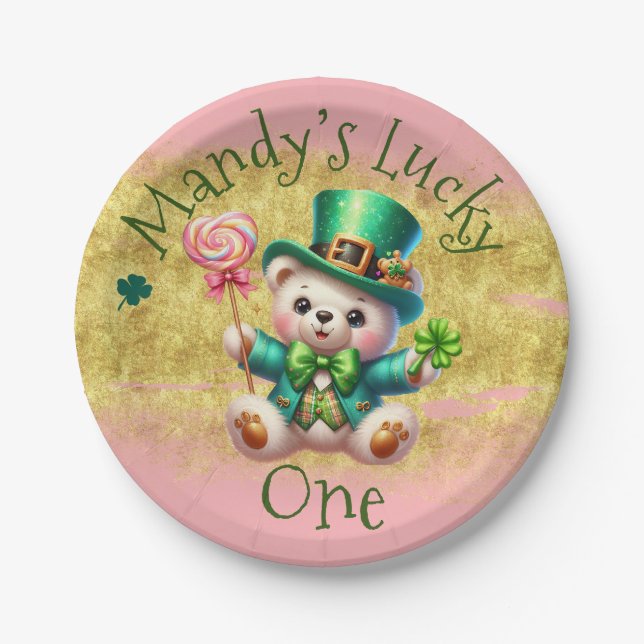 St.Patrick’s Day Bear Birthday Lucky One Pink Paper Plates (Front)