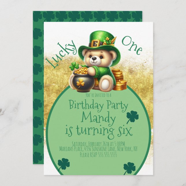 St.Patrick’s Day Bear Cute Birthday Lucky One Invitation (Front/Back)