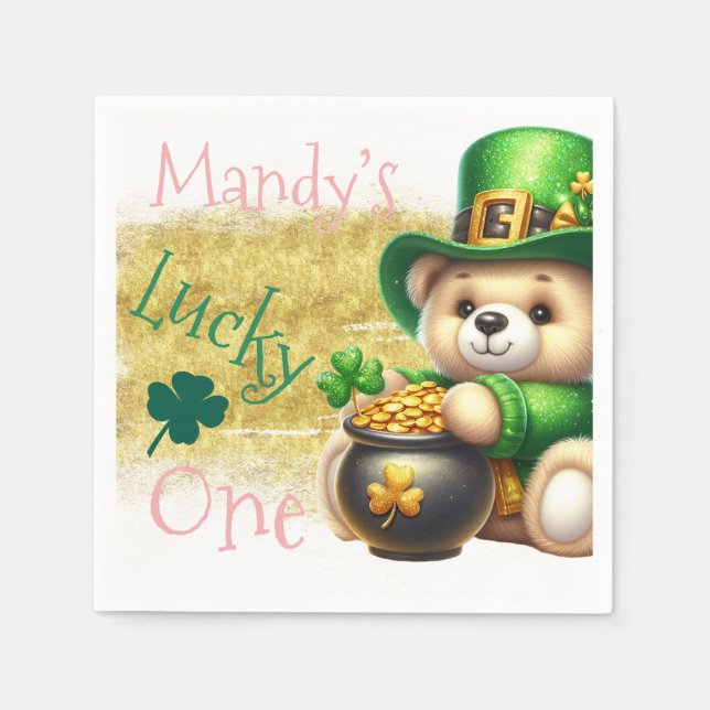 St.Patrick’s Day Bear Gold Birthday Lucky One Napkins (Front)