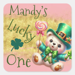 St.Patrick’s Day Bear Pink Birthday Lucky One Square Sticker