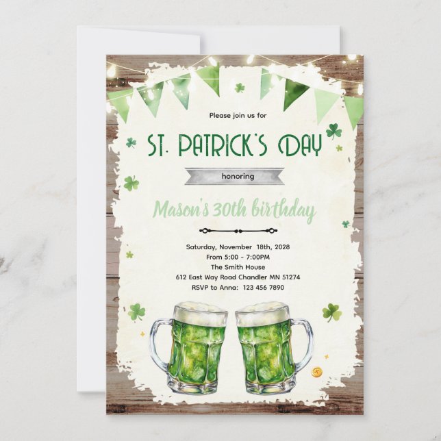 St Patrick’s Day beer birthday invite (Front)