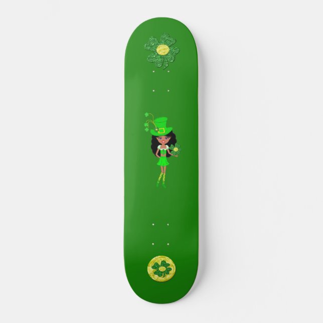 St Patrick’s Day Brunette Girl Leprechaun Skateboard Deck (Front)