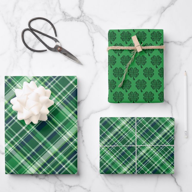 St.  Patrick’s Day Celtic Clover & Plaid Wrapping Paper Sheets (Front)
