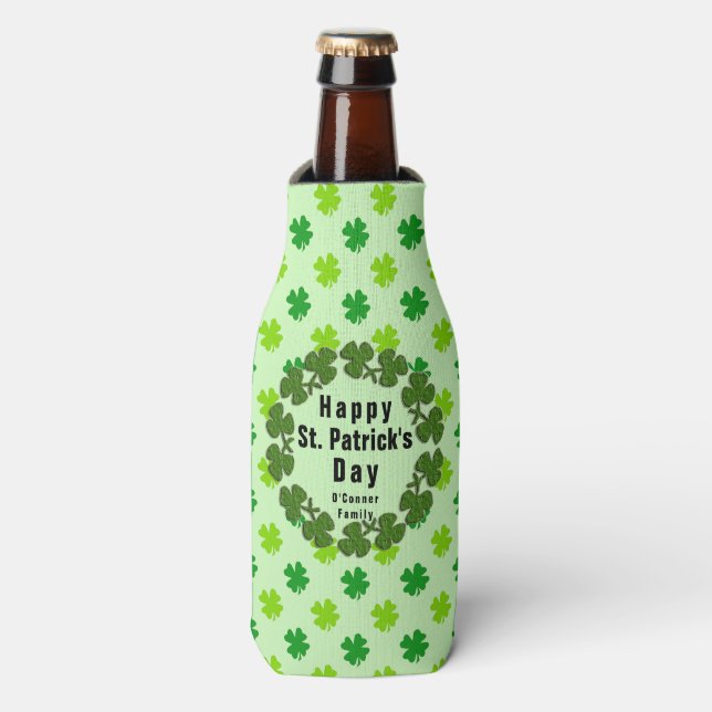 St. Patrick’s Day Clover Custom Name Personalized  Bottle Cooler (Bottle Front)