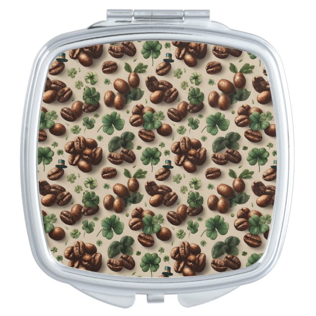 St. Patrick’s Day Coffee & Shamrock Pattern Compact Mirror (Front)