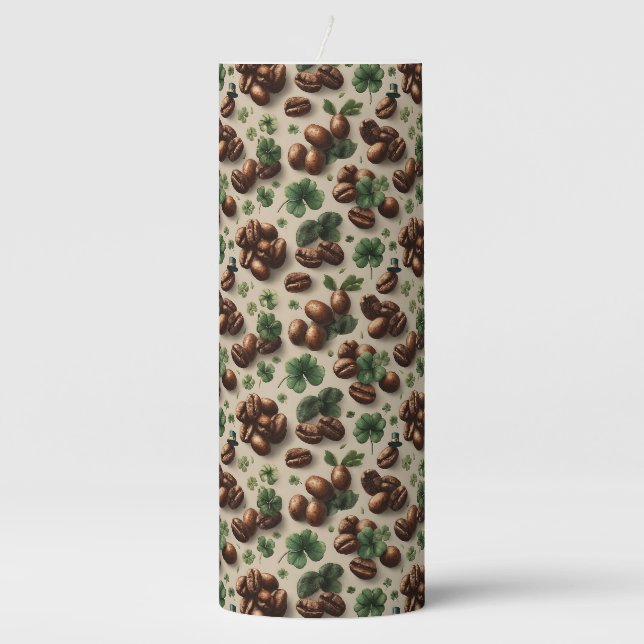 St. Patrick’s Day Coffee & Shamrock Pattern Pillar Candle (Front)