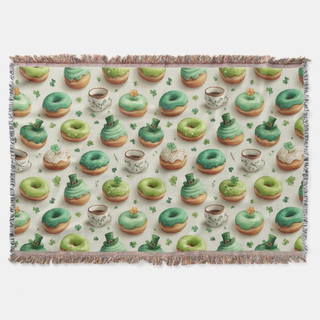 St. Patrick’s Day Donuts & Coffee Watercolor Throw Blanket (Front)