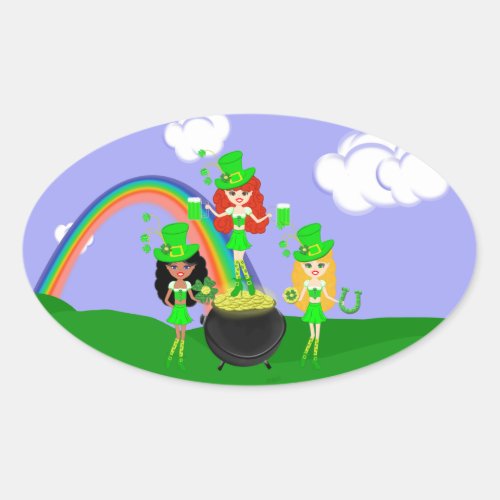 St Patricks Day Girl Leprechauns Oval Sticker