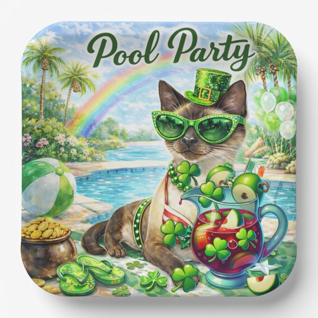 St. Patrick’s Day Glam Cat Pool Party  Paper Plates (Front)