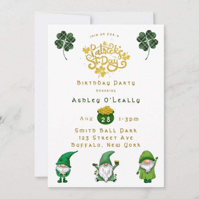 St. Patrick’s Day Gnome Birthday Party  Invitation (Front)