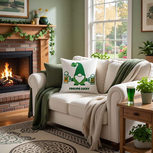St. Patrick’s Day Gnome with Beer Mug Throw Pillow (Creator Uploaded)