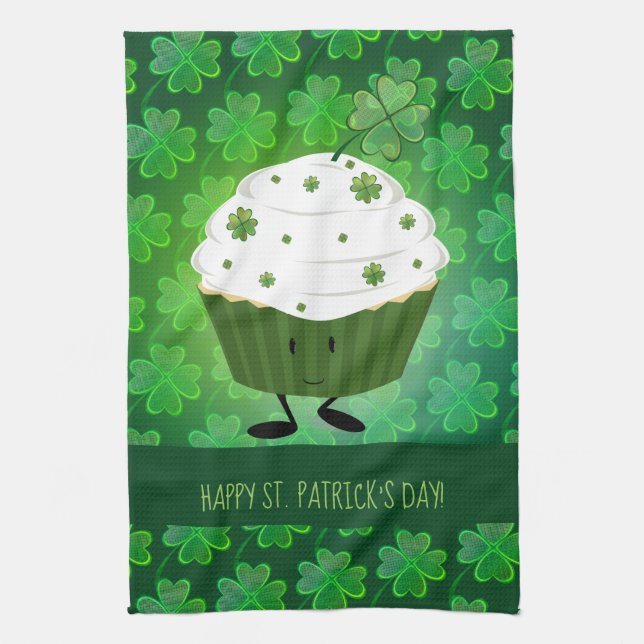 St. Patrick’s Day Green Cartoon Shamrock Kitchen Towel (Vertical)