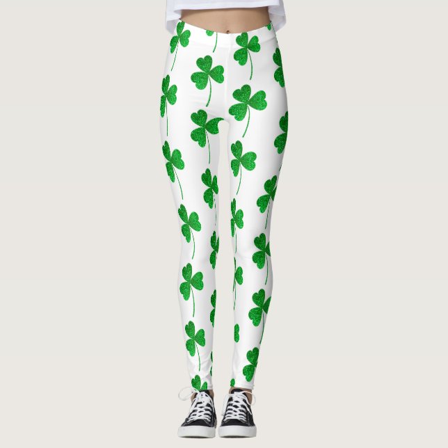 St. Patrick’s Day Green Faux Glitter Shamrock Leggings (Front)