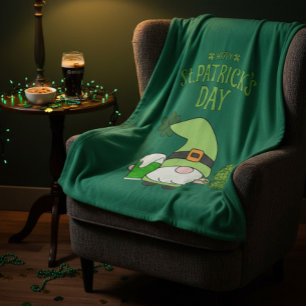 St. Patrick’s Day Green Fleece Blanket with Gnome 