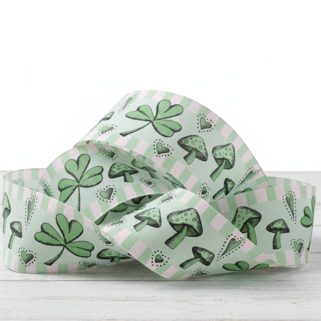St. Patrick’s Day Green Shamrocks Kids Grosgrain Ribbon (Pink and Green Shamrock & Hearts Pattern Saint Patrick's Day Ribbon for Kids Birthday Party. )