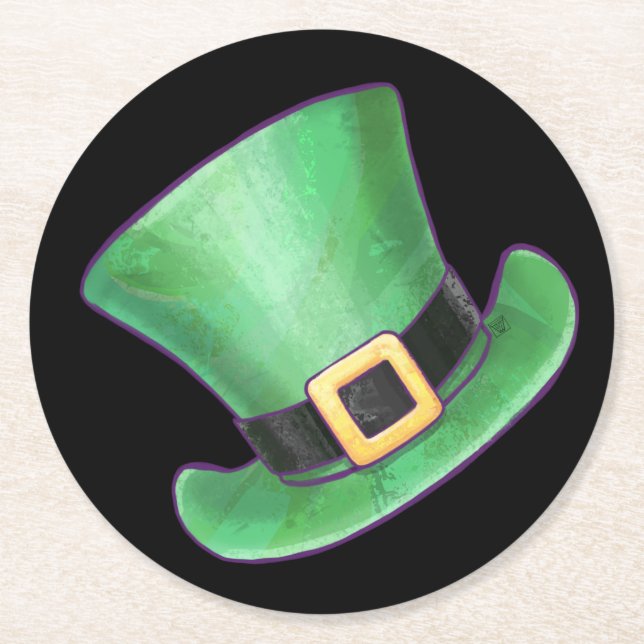 St Patrick’s Day Green Top Hat on Black Round Paper Coaster (Front)