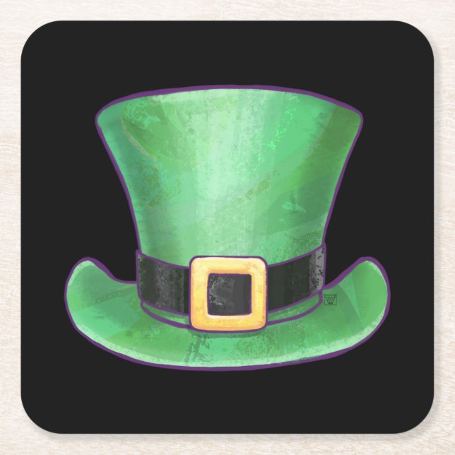 St Patrick’s Day Green Top Hat on Black Square Paper Coaster (Front)
