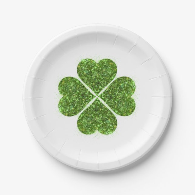 St. Patrick’s day, Irish green glittering clover Paper Plates (Front)