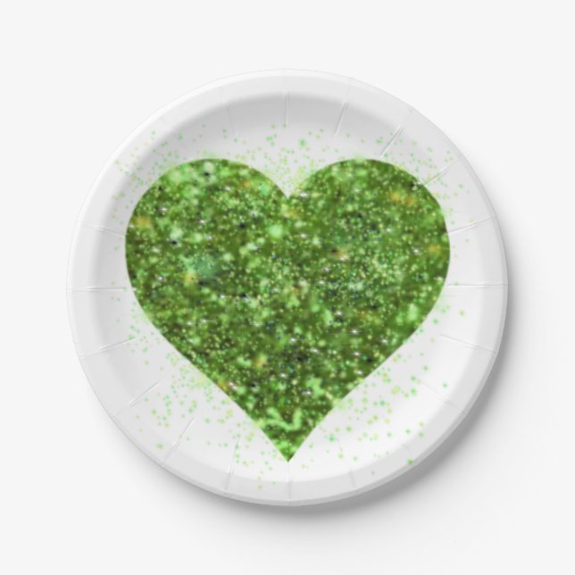 St. Patrick’s day, Irish green glittering heart Paper Plates (Front)