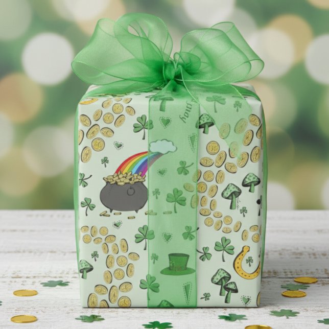 St. Patrick’s Day Irish Luck Icons Wrapping Paper (Fun St Patrick's Day Wrapping Paper for Kids. Lucky Green Shamrock Pattern, Rainbow, Leprechaun Hat)