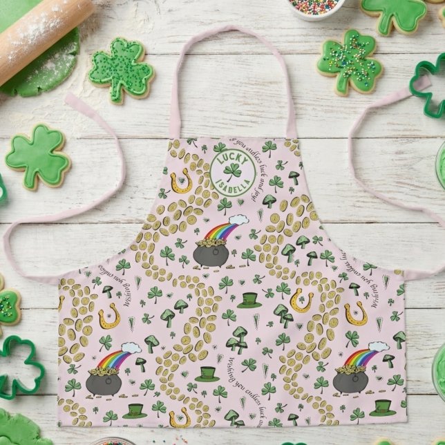 St. Patrick’s Day Kids Pink Apron (Cute Pink and Green St Patricks Day Kids Apron. Hand Drawn Rainbow, Pot of Gold, Green Shamrocks)
