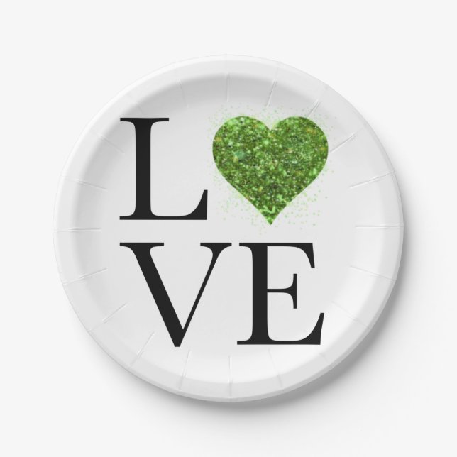 St. Patrick’s day | Love | green glittering heart Paper Plates (Front)