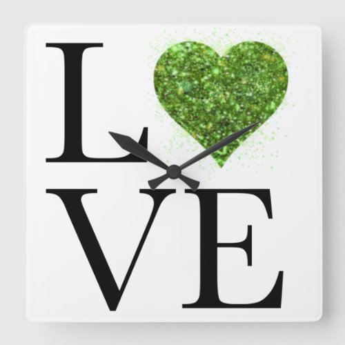 St Patricks day  Love  green glittering heart Square Wall Clock