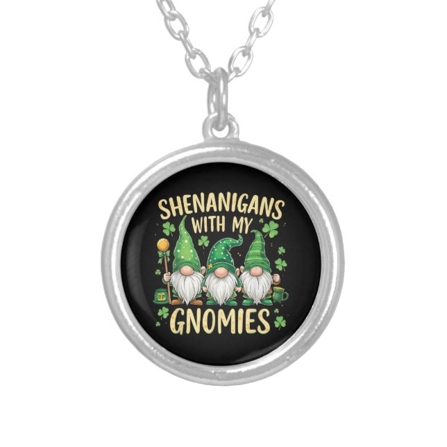 St Patrick’s Day Lucky Shamrock Gnome  Silver Plated Necklace (Front)