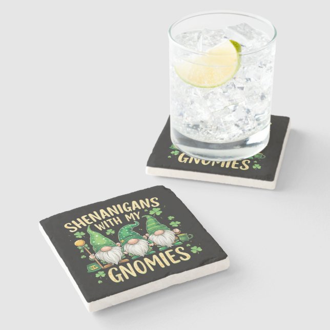St Patrick’s Day Lucky Shamrock Gnome  Stone Coaster (Side)