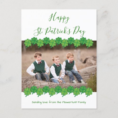 St Patrickâs Day Shamrock White Green Photo Holiday Postcard