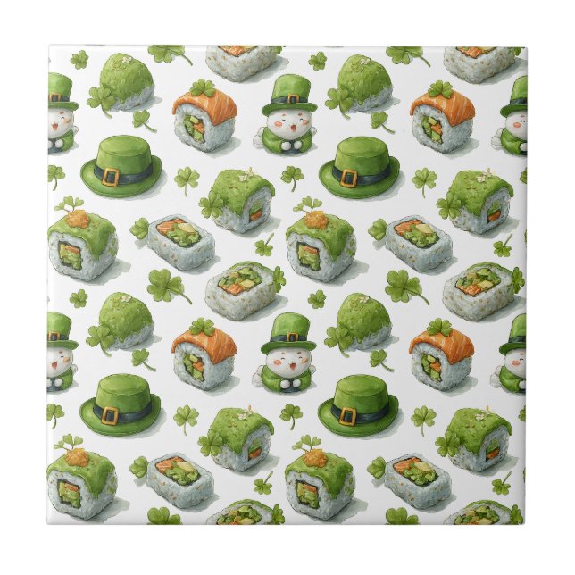 St. Patrick’s Day Sushi Rolls & Shamrock Ceramic Tile (Front)